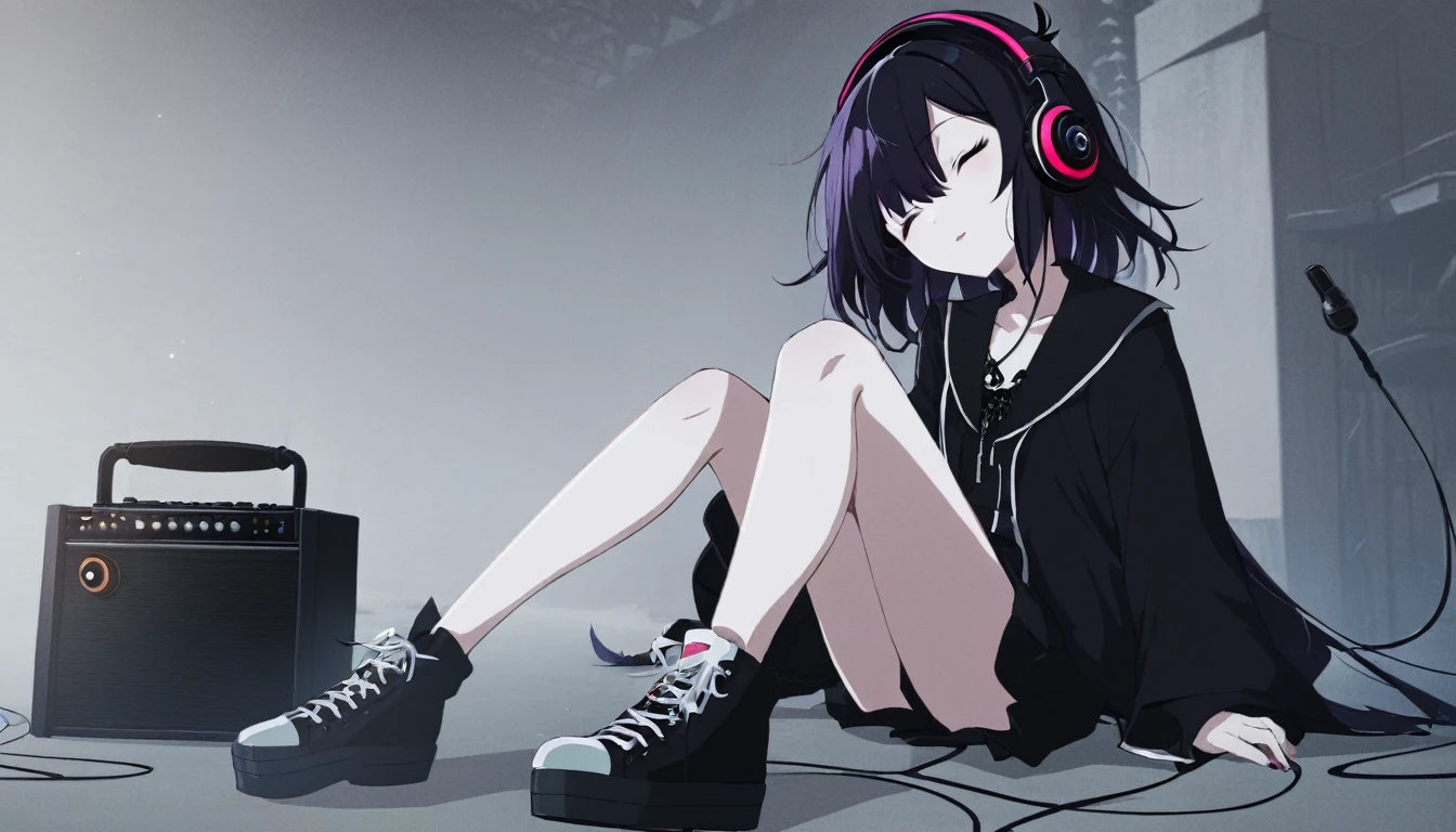 anime goth girl sitting on her ankles listening to music with headphones closed eyes vibing to the music, attractive clothes