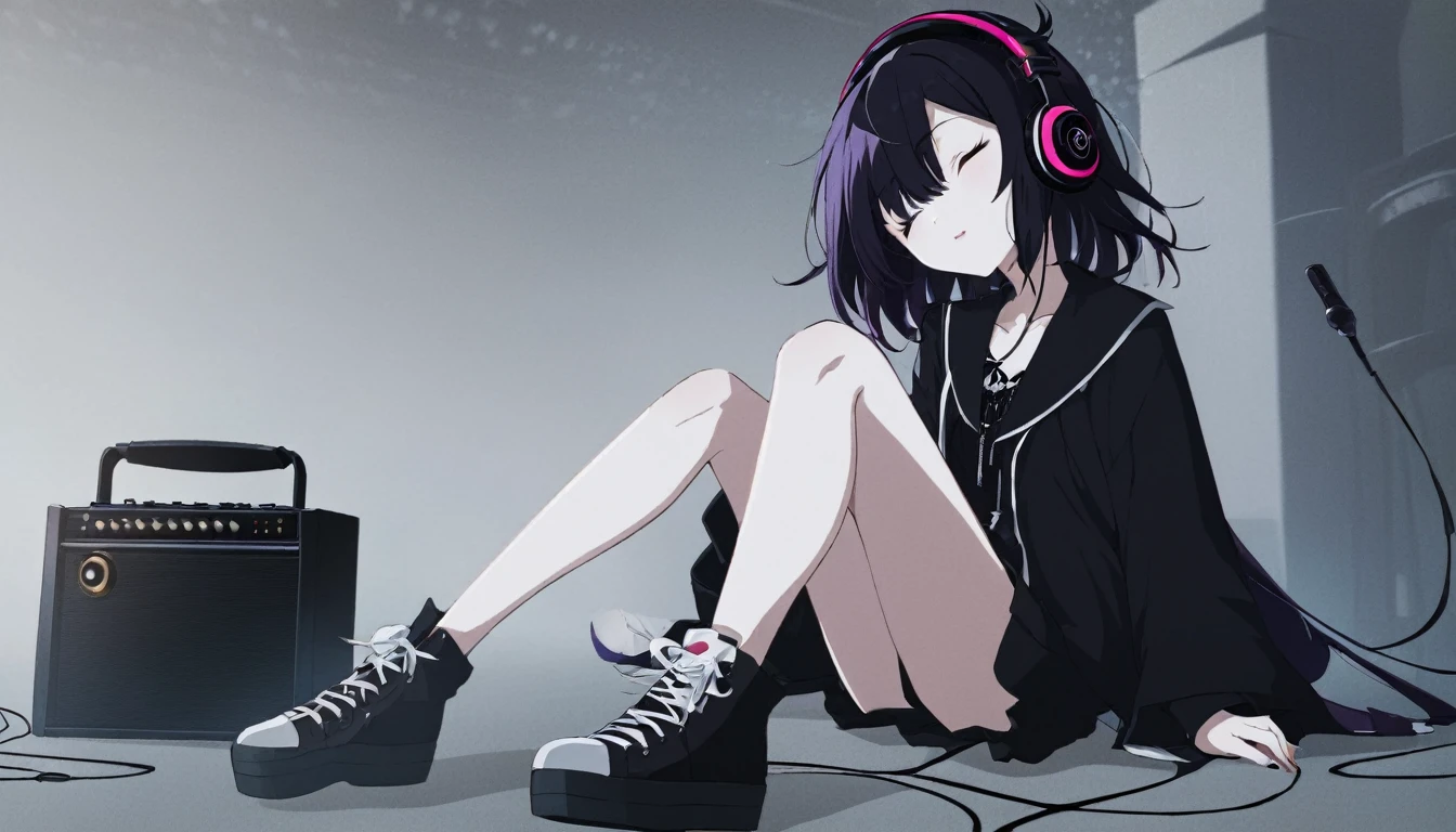 anime goth girl sitting on her ankles listening to music with headphones closed eyes vibing to the music, attractive clothes