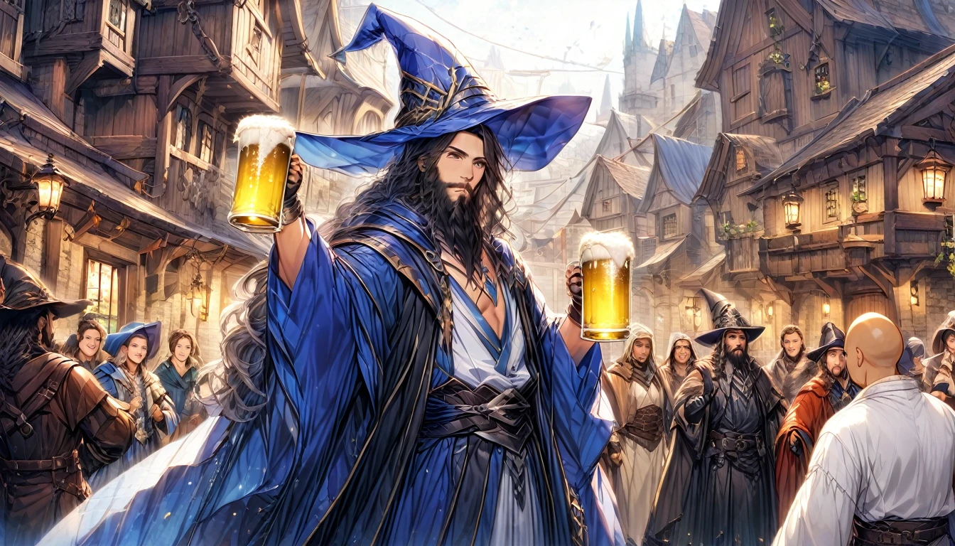 (Anime Infinite Stratus Art, 8k, ultra full high definition, epic quality, epic texture). The theme is a party in the tavern. The setting is a medieval RPG style tavern, it is extremely detailed, it is full(1.5) of men and women of different RPG classes (knights, monks, pirates, archers, and others), (((everyone is celebrating and drinking beer))) . The focus is a man, his name is Gozamell, he is 31 years old, he is a wizard, he is short in stature, he is bald, he has brown eyes, he has a long black beard, white skin, muscular, wide chest, wide hips, ((he wears a blue pointy wizard hat)), he wears a blue wizard robe and blue wizard pants, he is drinking beer, he has drunken features and is very happy, he is celebrating with the people in the scene, everyone likes him a lot, full body. The atmosphere is happy, celebratory and a lot of fun.