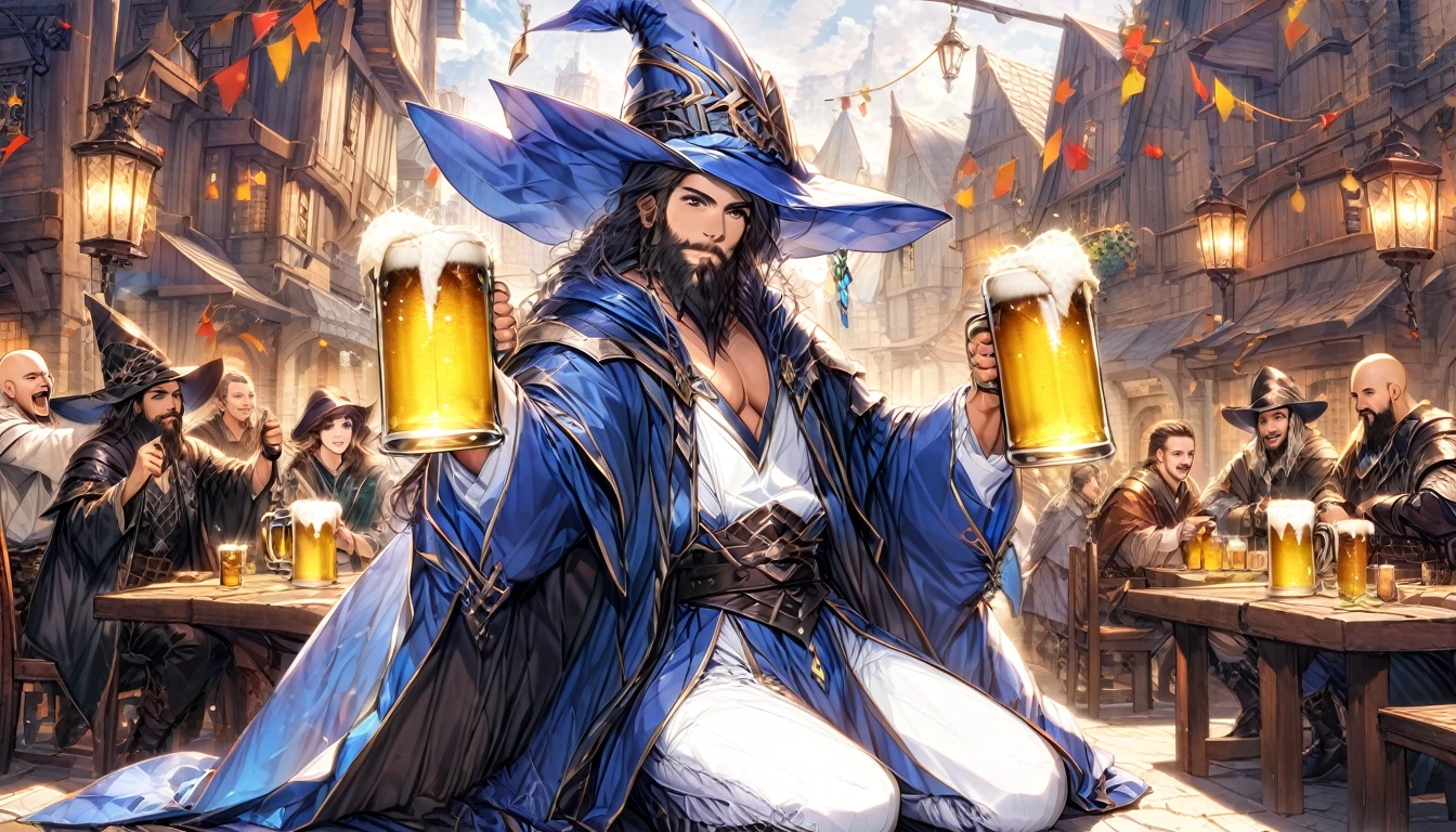 (Anime Infinite Stratus Art, 8k, ultra full high definition, epic quality, epic texture). The theme is a party in the tavern. The setting is a medieval RPG style tavern, it is extremely detailed, it is full(1.5) of men and women of different RPG classes (knights, monks, pirates, archers, and others), (((everyone is celebrating and drinking beer))) . The focus is a man, his name is Gozamell, he is 31 years old, he is a wizard, he is short in stature, he is bald, he has brown eyes, he has a long black beard, white skin, muscular, wide chest, wide hips, ((he wears a blue pointy wizard hat)), he wears a blue wizard robe and blue wizard pants, he is drinking beer, he has drunken features and is very happy, he is celebrating with the people in the scene, everyone likes him a lot, full body. The atmosphere is happy, celebratory and a lot of fun.