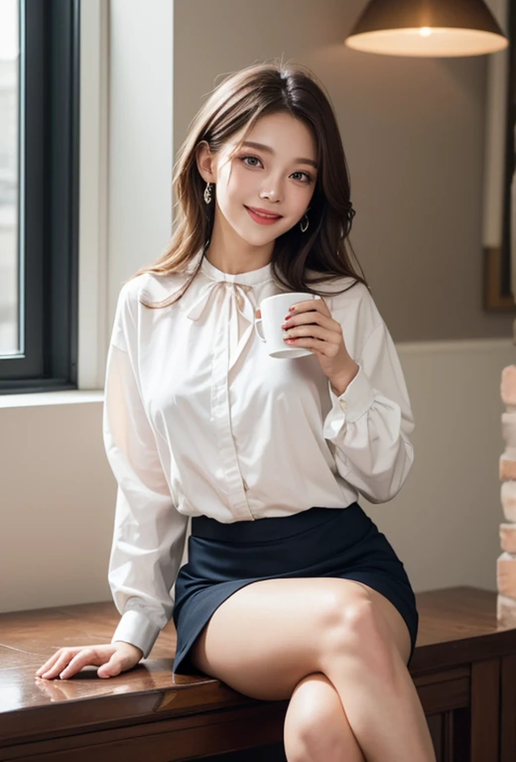 (Photorealistic:1.8, Highest quality:1.8,8K masterpiece:1.8,High resolution,Mastepiece:1.8,RAW Photos,Cinematic lighting)、Detailed Background、((Flat Color))、morning、Cafe、Window light、(A female secretary holding a coffee cup)、(happy、Smiling face)、
(choker、big chest、White blouse、Mini skirt with slit、Wide open chest、Beautiful thighs、Beautiful breastedium Hair、Beautiful, shining red, white, silver-brown hair:1.5)、Sparkling Blue Eyes、Random Pause、TWICE's Tzuyu' on pause