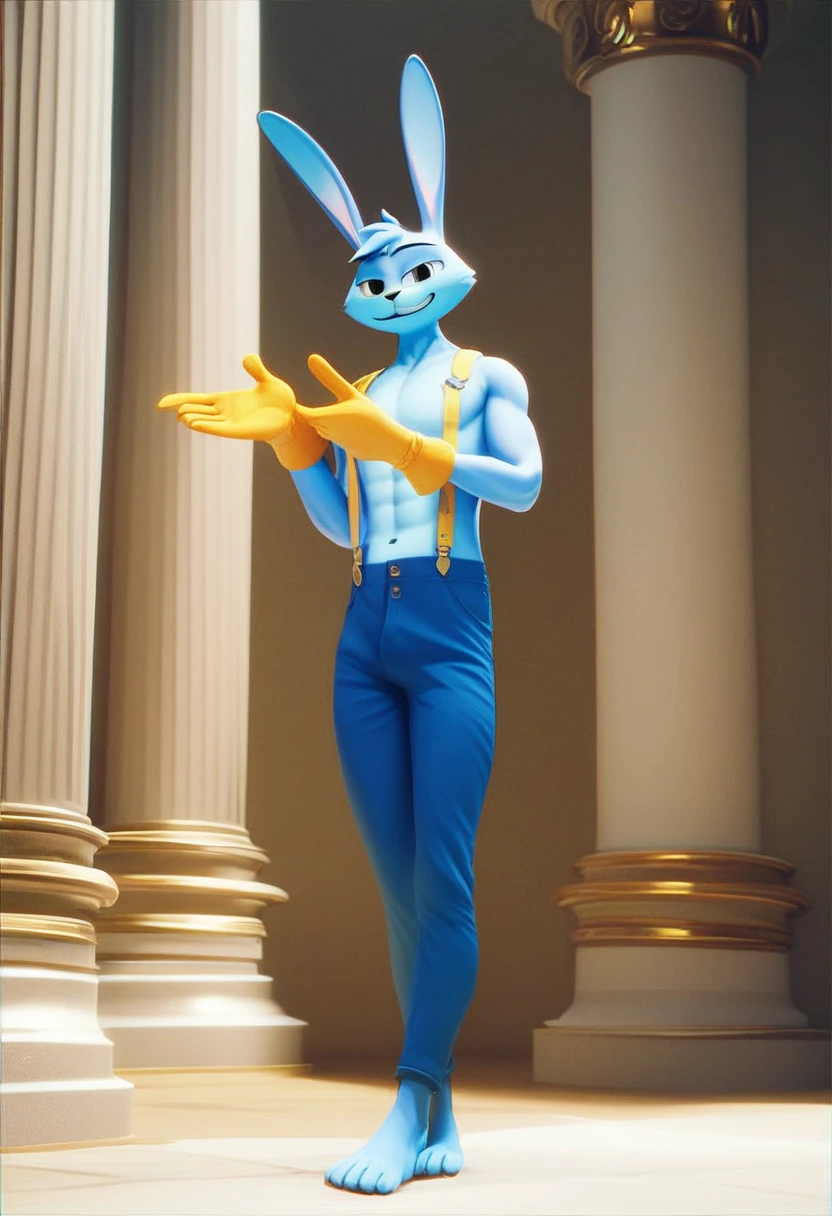jax, solo, looking at viewer, smile, gloves, 1boy, animal ears, standing, male focus, rabbit ears, black eyes, suspenders, furry, furry male, pillar, yellow gloves, full body, no shoes