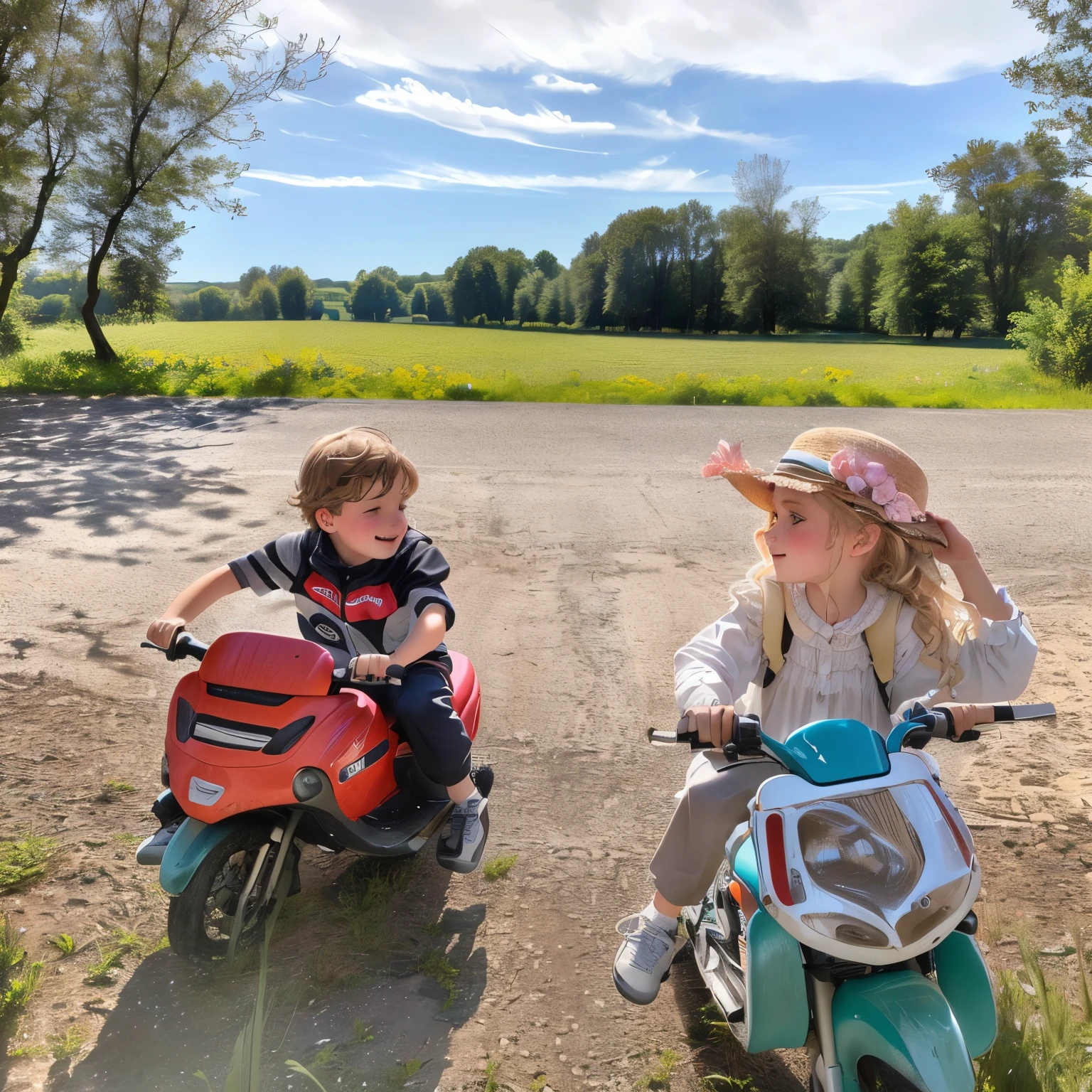 there are two enfants équitation on a small toy bike, enfants playing, à la campagne, passer un bon moment, passer du bon temps, équitation on the road, art mixte, prise avec Sony Alpha 9, équitation, enfants, par Romain Brook, Tourné sur iPhone 1 3 Pro, enfants, Tourné sur iPhone 1 3 Pro max, un jour ensoleillé