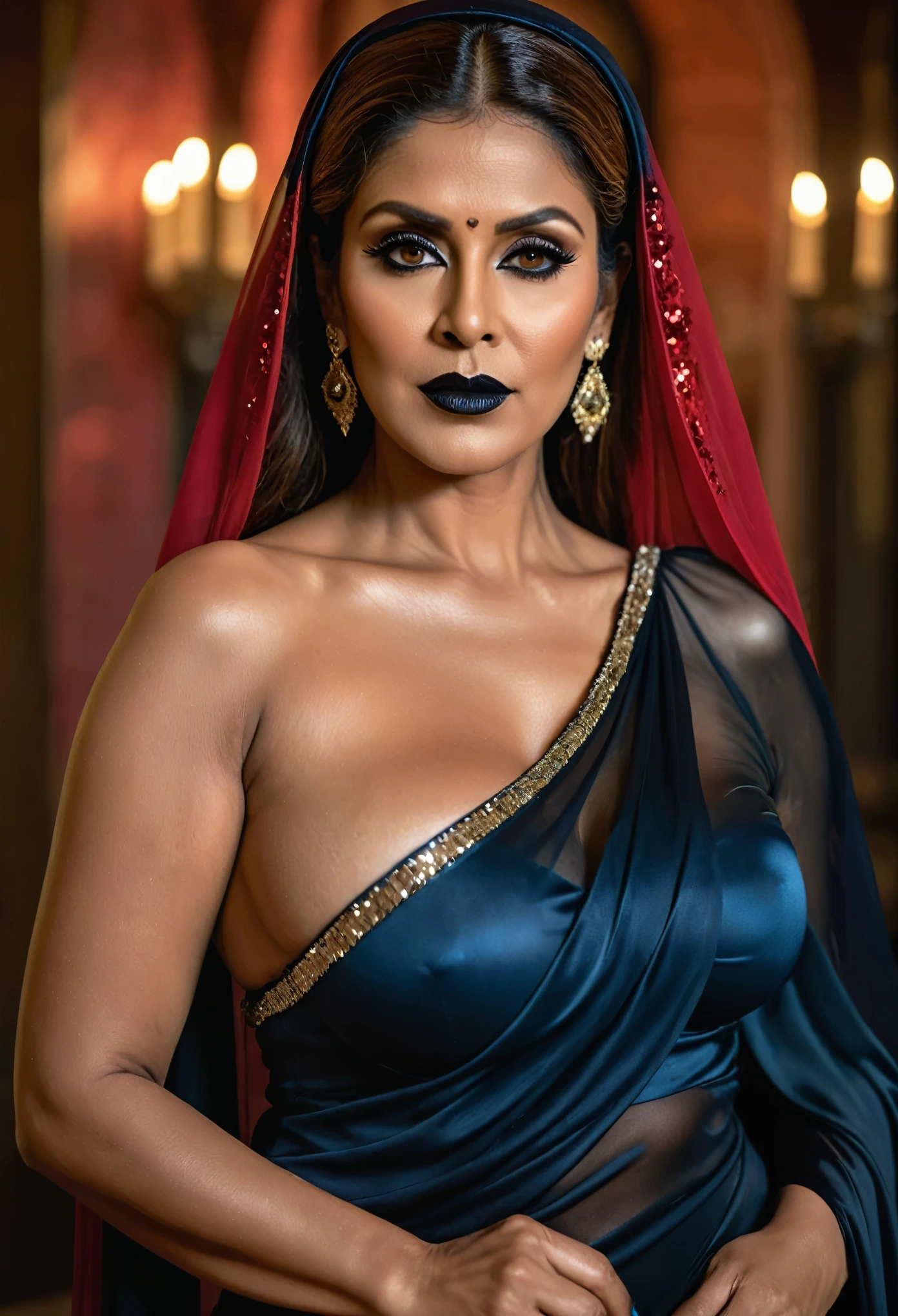 Looks like Nayanthara, milf, cougar lady witch, horny Gothic milf,  50 years old gorgeous mature lady, pervert demoness, demoness of lust, curvy, black lips, horny face, extremely gorgeous, thick figure, heavy physique, voluptuous, curvy, sexy figure, Fashionable portrait of androgynous alien looking witch wearing veil, glowing eyes, futuristic design, minimal details, givenchy, photoreal, 200mm, hd, f/ 2.0, highly detailed, surreal, sexy beautiful evil woman, sexy bold sequin Saree with strapless Bra, chudail, Pishachini, horror genre, blood-thirsty enchantress, powerful female spirit, eerie, drop dead, in the style of red and blue, (intricate details, hyperdetailed:1.15) (skin texture:1.2), dark Moody tone, cinematic lighting, haunted place in background, 