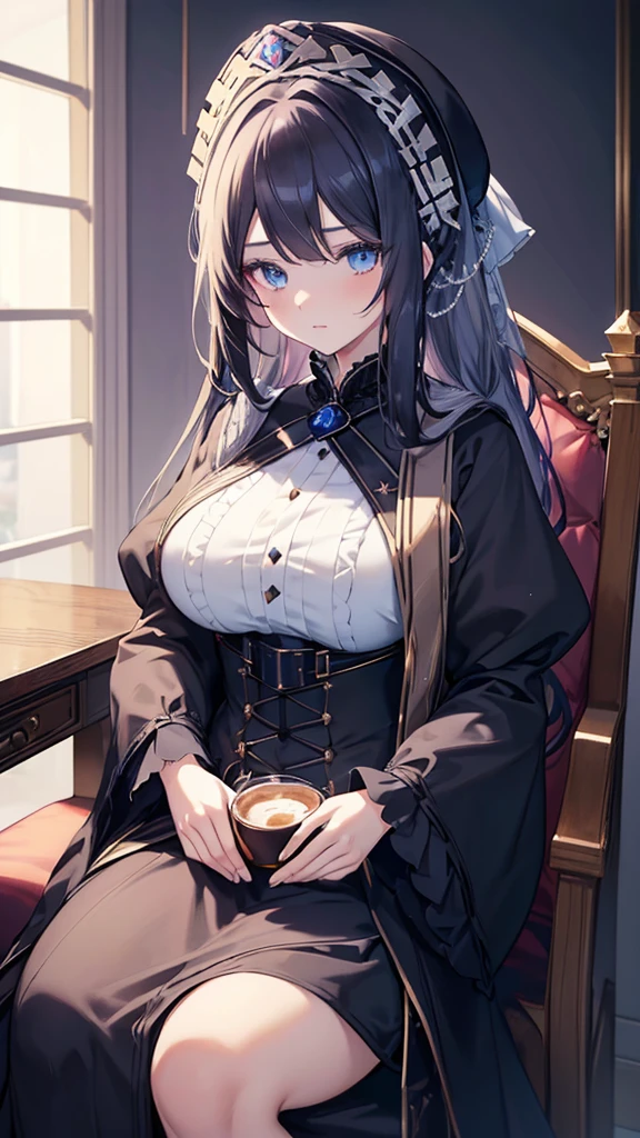 best quality, extremely detailed, anime style girl, long hair down to the waist, straight hair, dark black hair with bluish,crown braid,beautiful detailed eyes, ed eyes, dark blue eyes, gradation eyes,huge breasEnglish noblewoman's clothes)))),Luxury hats,English like café,sitting on a chair,