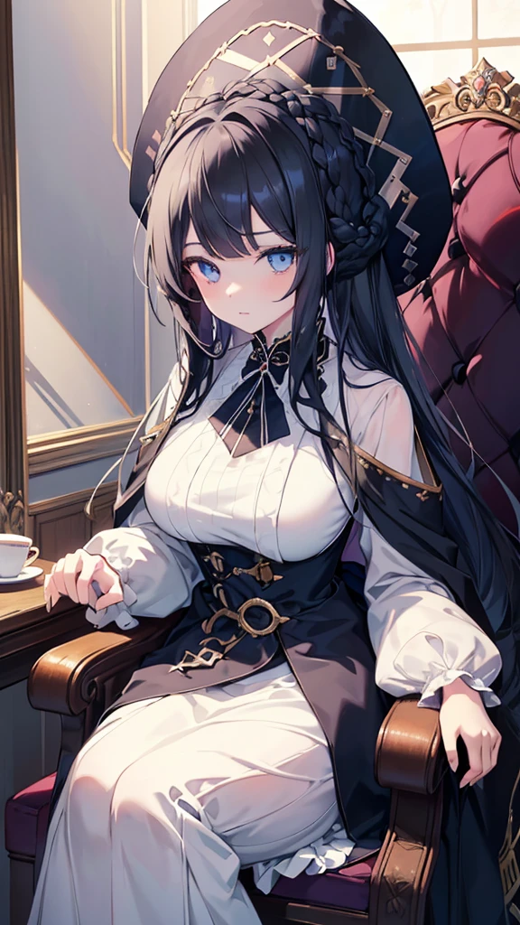 best quality, extremely detailed, anime style girl, long hair down to the waist, straight hair, dark black hair with bluish,crown braid,beautiful detailed eyes, pinched eyes, dark blue eyes, gradation eyes,huge breasts,((((English noblewoman's clothes)))),Luxury hats,English like café,sitting on a chair,