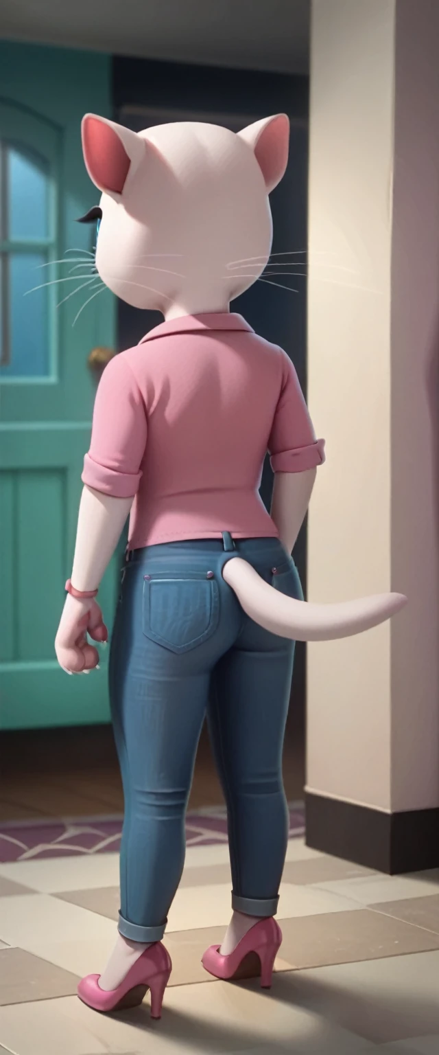 


solo focus, a_la, 1girl, cat, white fur, long whiskers on both sides of the face, big bright blue eyes, big black eyelashes, pink nose, triangular ears with pink channels, high heels.  jeans rolled down.  back view