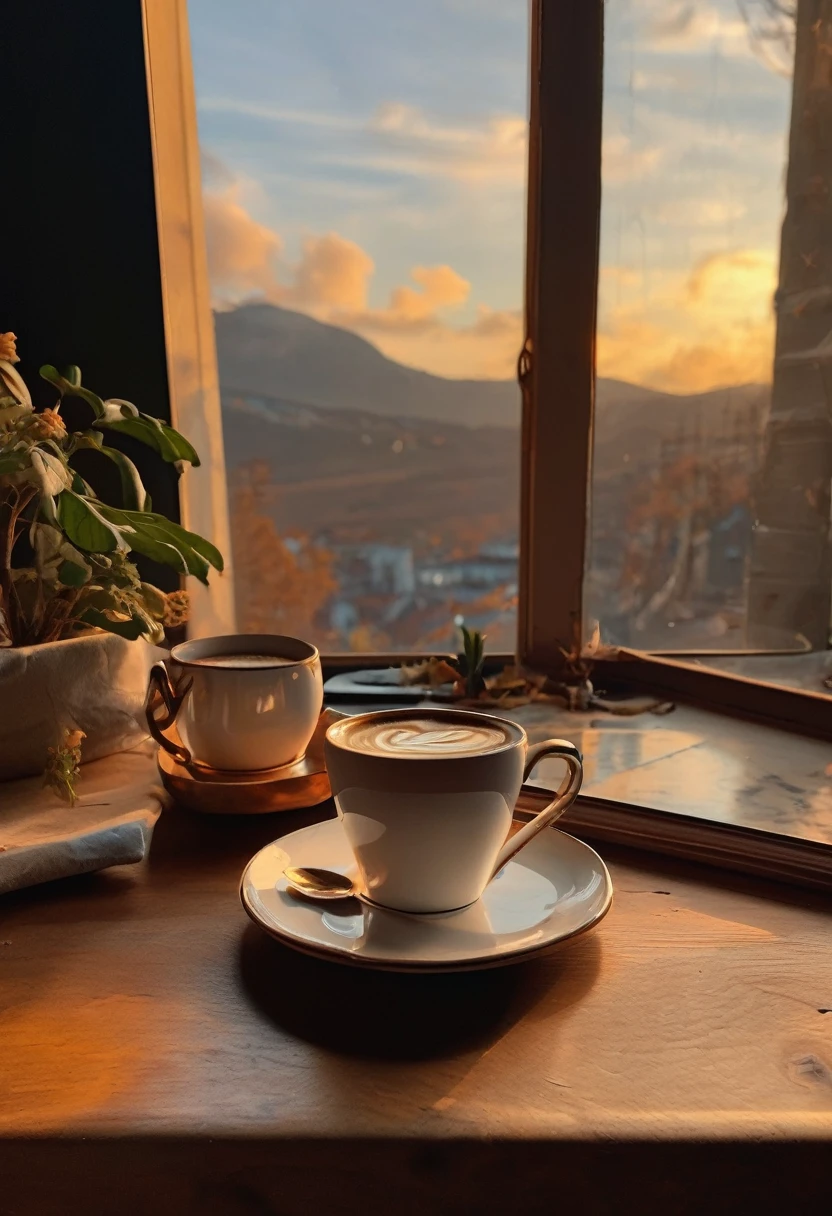 Aesthetic coffee wallpaper, 8k, masterpiece, cozy room space