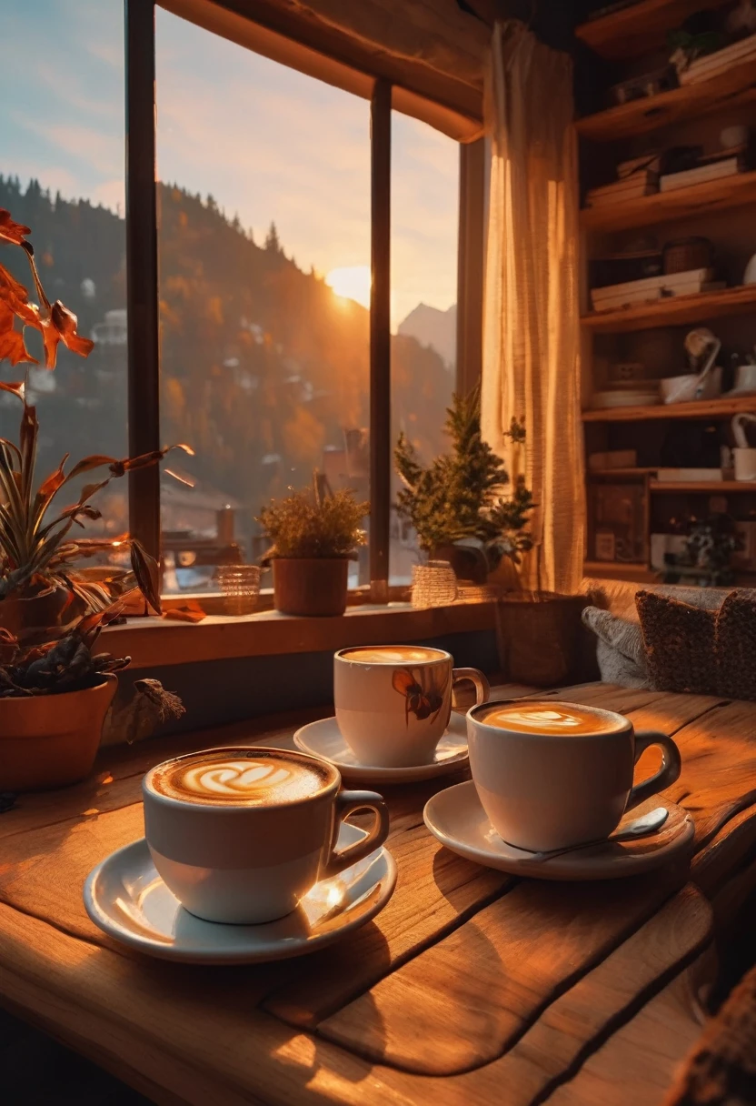 Aesthetic coffee wallpaper, 8k, masterpiece, cozy room space