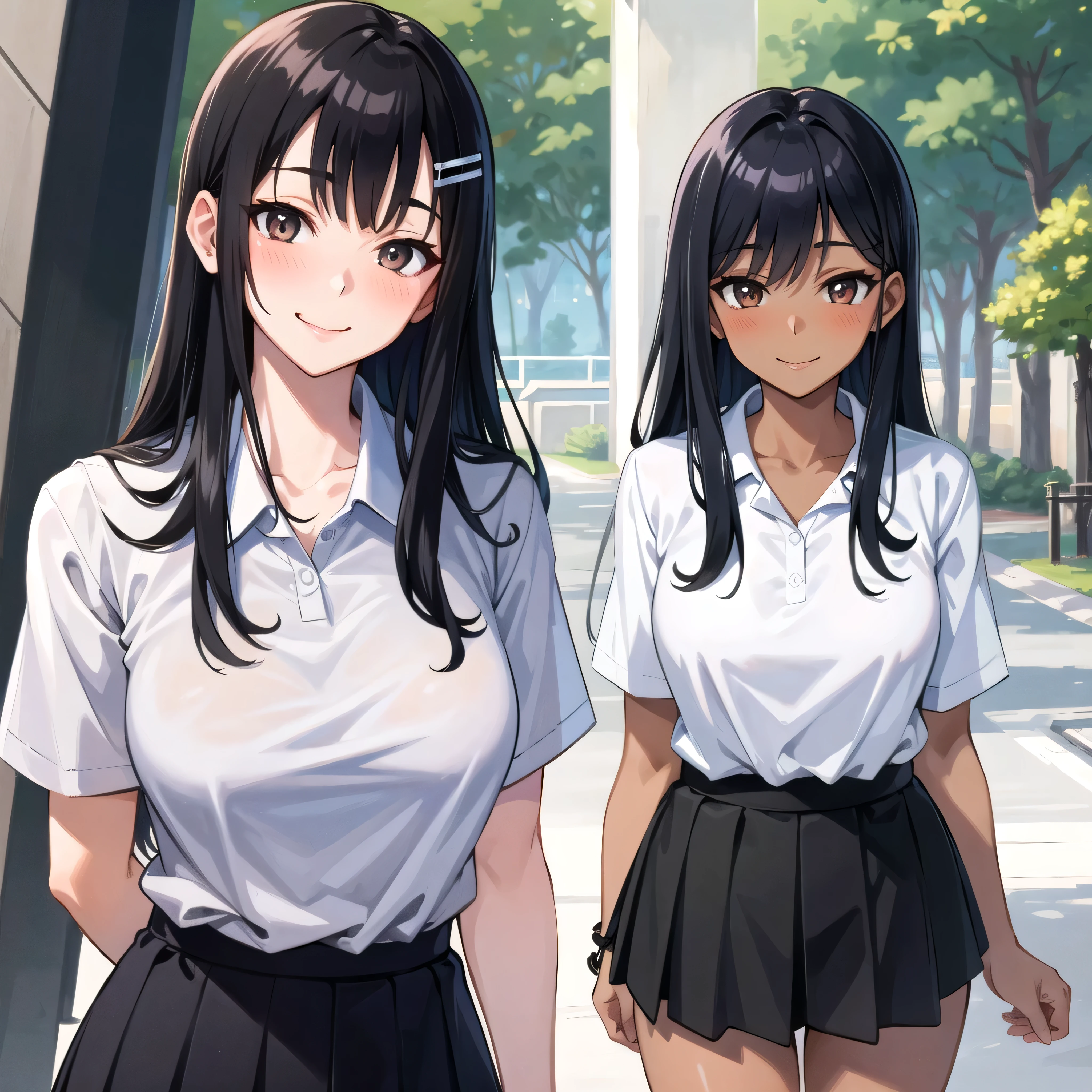 ((best quality)), ((masterpiece)), (details), one girl, sexy ((best quality)), ((masterpiece)), (details), one girl, sexy ((best quality)), ((masterpiece)), (details), one girl, full body, sexy expensive body, expensive, long legs, mature woman, mature, adult, it_nagatoro_main, Hayase Nagatoro, one girl, blushing, alone, uniform polo shirt, short sleeves, black hair,brown eyes, hair accessory, looking at viewer, hair clip, smiling, long hair, dark skinned woman, dark skin, , bangs, daytime, skirt, collared shirt, collarbone, ear clip, mouth closed, tree, asymmetrical bangs, upper body