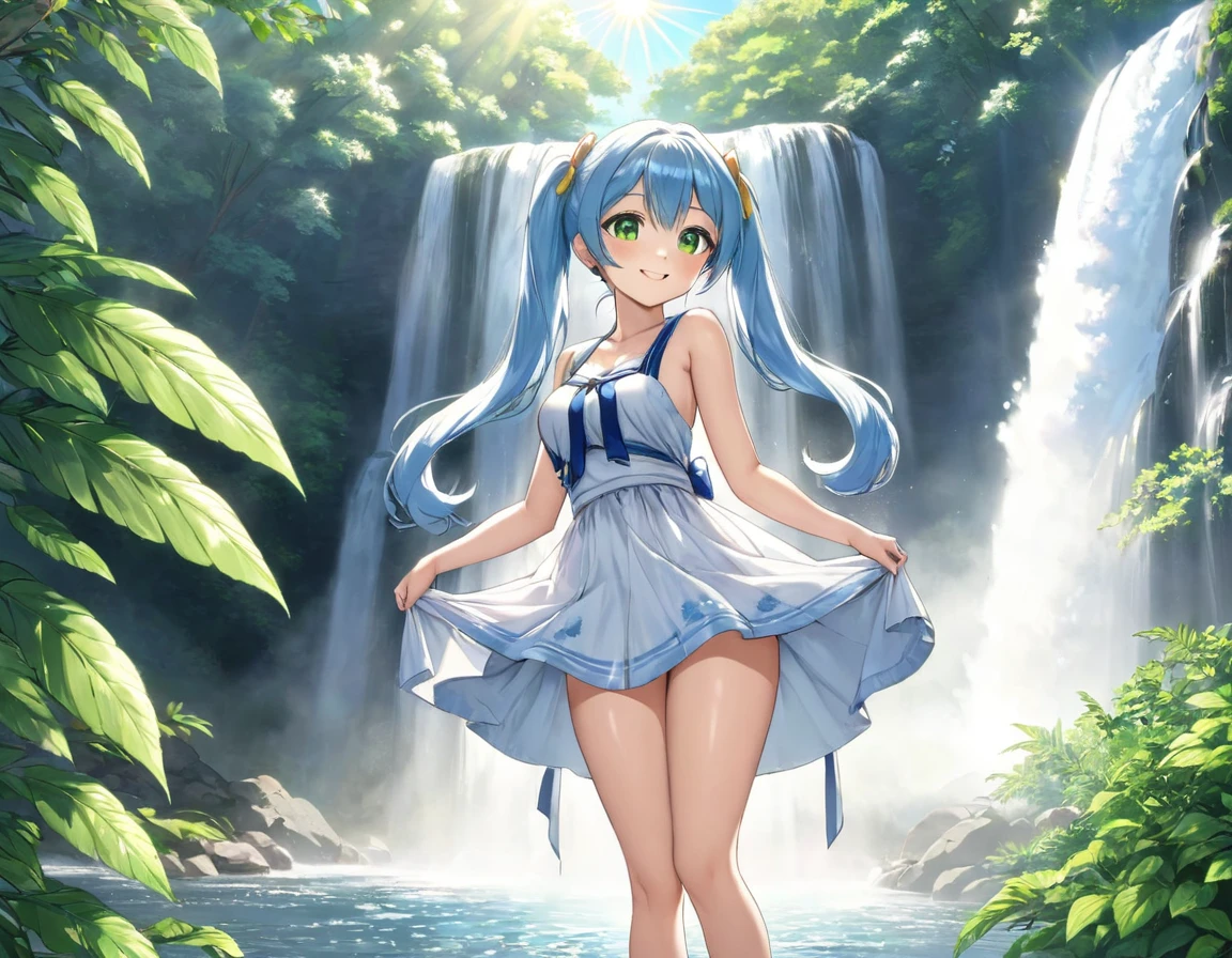 Sexy beauty，Beautiful Japanese Landscape、Big waterfall，Sunlight shines through the green leaves、The costume is a white half dress.、Light blue long hair、Beautiful girl with twin tails、Look up at the sky、Bright smile