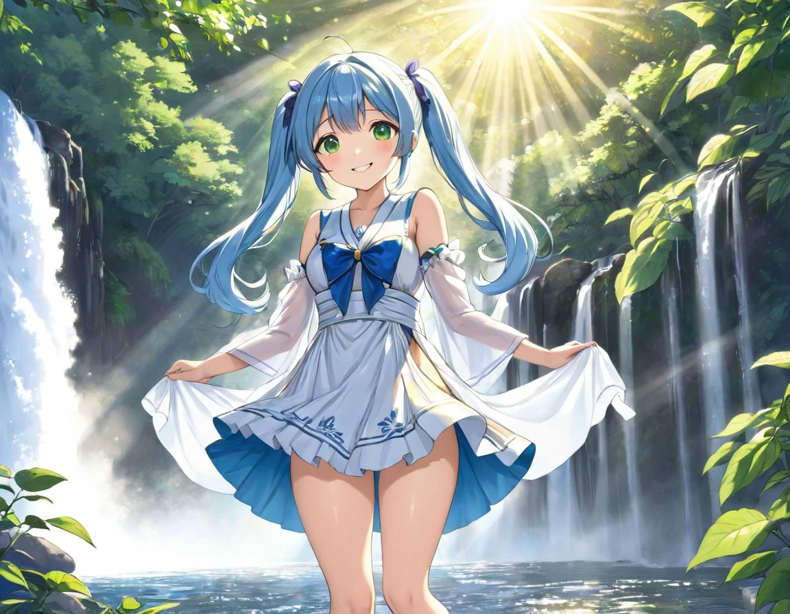 Sexy beauty，Beautiful Japanese Landscape、Big waterfall，Sunlight shines through the green leaves、The costume is a white half dress.、Light blue long hair、Beautiful girl with twin tails、Look up at the sky、Bright smile