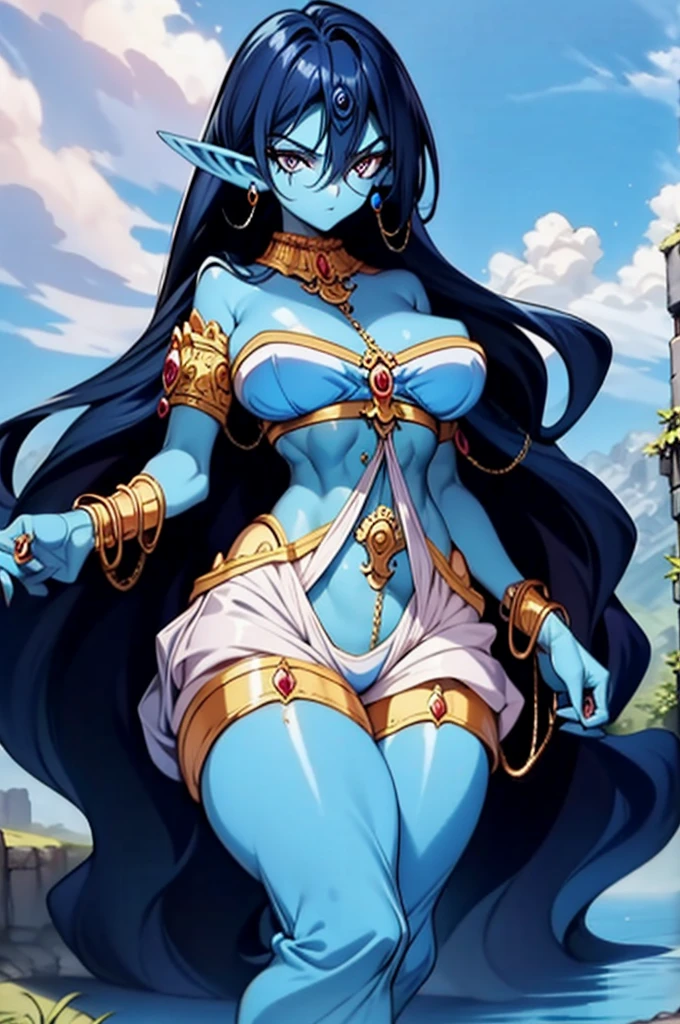 (Masterpiece, best quality, official art, 8K), ultra-detailed, a cartoon image of a Sky Blue Skinned female Djinn with blue hair and a chain around her neck, Human Hybrid Djinn, (((((Her sky blue skin))))), skin genie girl sky blue, alone, Krenz Cushart and Artgerm, aesthetics!!!!!!, female genius, she is huge, beautiful girl genius, a celestial appearance, eyes are large and expressive, ((deep blue eyes)), exotic eyes, long blue hair, wavy and flowing, wears an exotic outfit, She wears a top adorned with sparkling jewels, her skirt is long and flowing, made of lightweight silk, with layers that move gracefully with each step, the skirt is decorated with intricate embroidery in silver and gold, waist sash decorated with precious stones, artgerm style, Water Elemental Woman, Goddess Inanna, The Greek goddess Afrotita, aesthetic!!!!!!, (1 Female Genie Djinn), (Big Breasts), Beautiful Genie, Evil Goddess, Djinn Character, Detailed Body, mega detailed sensual body, perfect goddess body, Cuffs with Hanging Chains, Colorful Concept Art, Spiritual Fantasy Concept Art, female genie, blue hair, Sky blue skin, Djinn girl, (Sky Blue Skinned Elf-Djinn).