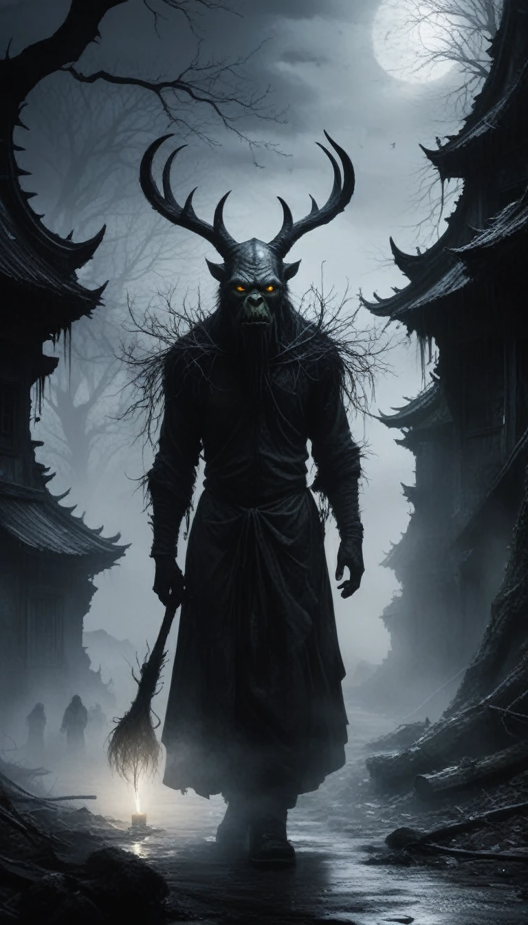(orc:1.5),(devil theme:1.5),(dark horror theme:1.5),(action movie:1.5),(Inspiration from Stephen King:1.5),(black fantasy:1.5), (ink and watercolor painting:1.5), (black and white color:1.5), 8K, 4K, (landscapes:1.5),(A big number of),(ruined:1.5),(ruined village:1.5),(1800s:1.5), (ruined theme:1.5),,(Unpaved streets:1.5),(absurderes:),(Fantastic:1.5),(best qualityer:1.5),(work of art:1.5),total body length, Manganite Quartz with white dress,full body shot shot,sinister landscape,Fluorite wulfenite atmosphere,by art Simon Stalenhag,Nicola Samori,(((Wangechi Mutu))),primary colours,Urban,extremely detaild,work of art,details Intricate,missing,eyes extremely detaild, highly-detailed eyes,4K resolution,cru, nikon z9,Scary city,total body length,evil ghost, Winnie the Pooh Iridescent,details Intricate,,orc,Stone forest in Yunnan province, in China,best qualityer, ultra detali, realisitic, portraits, dark and mysterious atmosphere, glare eyes, Ethereal presence, hauntingly beautiful, ghostly figures, swirling mists, supernatural entities, demonic essence, shadowy shapes, mysterious whispers, ominous aura, frighteningly pale skin, dark, twisted branches, flickering candlelight, macabre elements, Mysterious and enigmatic, Spectral apparitions, gothic art style, frighteningly captivating, Spectral Kingdom, frighteningly melancholic, otherworldly beauty, ethereal glow, frighteningly scary, chilling and atmospheric, strange and eerie lighting.