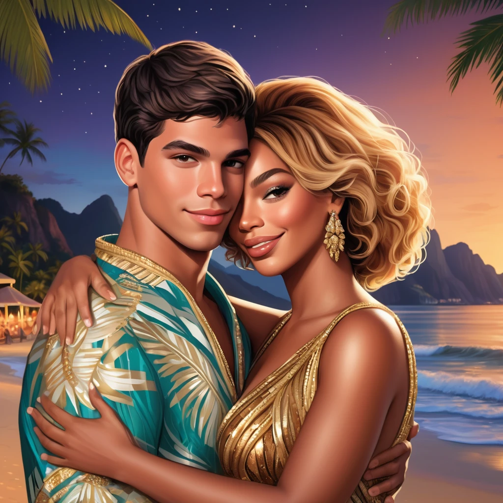 30-year-old boy hugging with Beyoncé in love, elegant costume, short hair on Copa Cabana beach, beautiful night Luau, Rio de Janeiro, Brazil, super-realistic vector art painting with details.