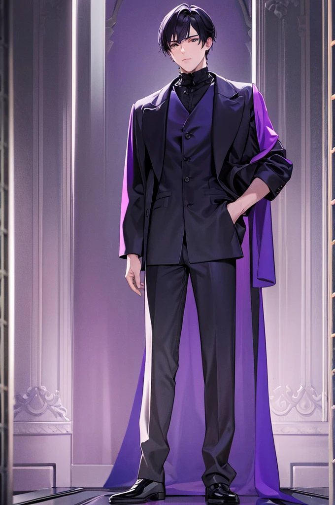 1 boy, standing alone,purple theme,gazing at viewer,portraite,from sideways,bad boy,((mature man))