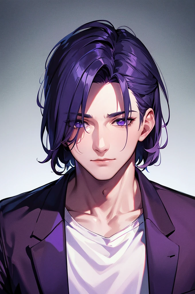 1 boy, standing alone,purple theme,gazing at viewer,portraite,from sideways,bad boy,((mature man))