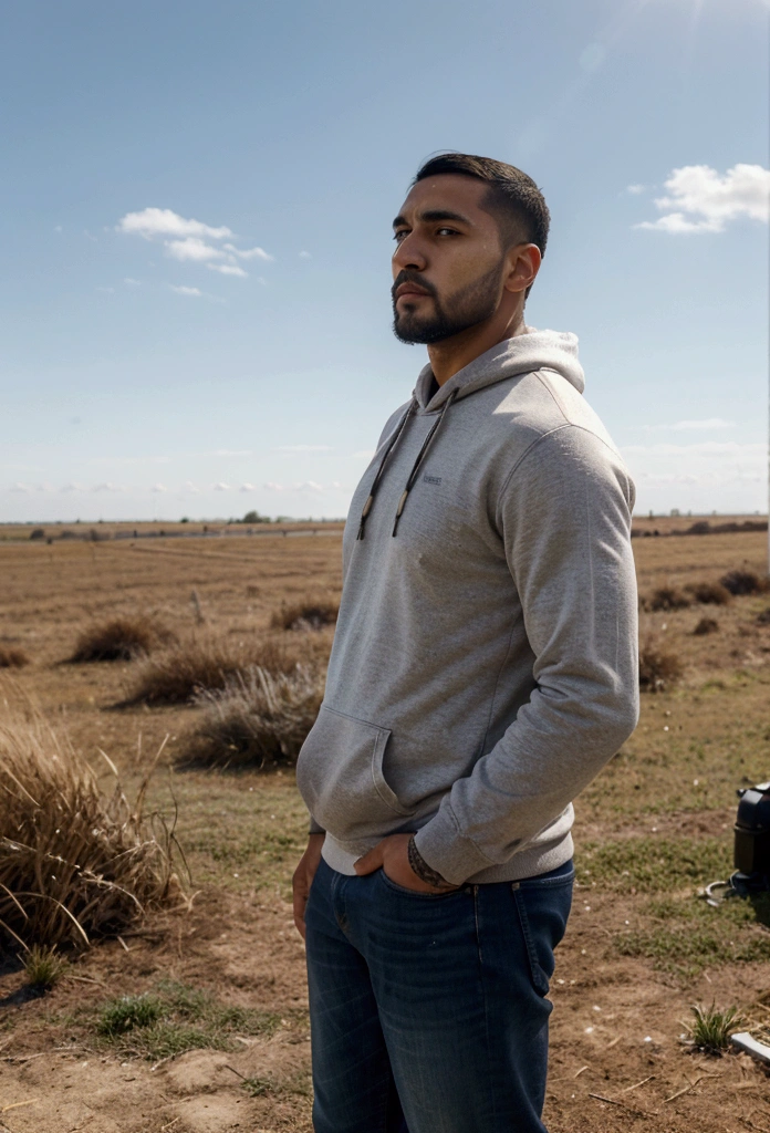 a latin man, 28 years old dark, without so much front, with comb over haircut , for the side and beard black, barba mediana, warm with white hooded sweatshirt, with jeans, standing in profile he looks at the horizon and thinks about his entire life, 1 man in the scene in far distance of the camera focus , a field and plain scene. wide angle camera scene, contemplative scene, full body shot, sun and daylight, movie perspective, High Definition, photorealistic