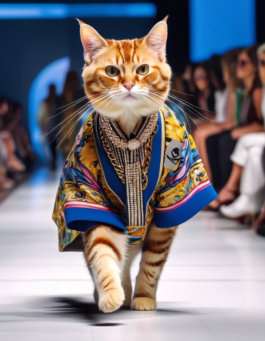 A cat that is walking down a runway, inspired by Hanns Katz, trending on pinterest, maximalism, digital screenshot, rapper, in style of lee souder, no text!, academic clothing, wow factor, funny and silly, summer clothes, fur attire, rap bling, iphone screenshot, courtesy mbari, afp,4k,HDR