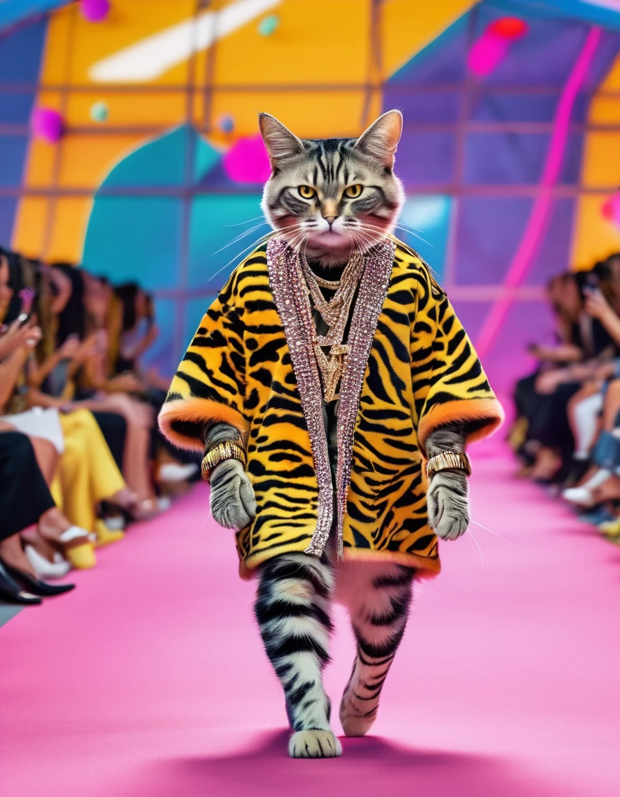 A cat that is walking down a runway, inspired by Hanns Katz, trending on pinterest, maximalism, digital screenshot, rapper, in style of lee souder, no text!, academic clothing, wow factor, funny and silly, summer clothes, fur attire, rap bling, iphone screenshot, courtesy mbari, afp,4k,HDR