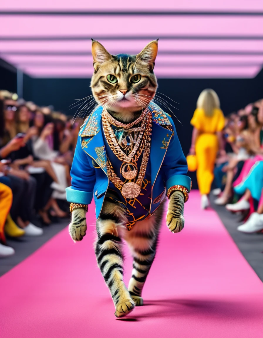 A cat that is walking down a runway, inspired by Hanns Katz, trending on pinterest, maximalism, digital screenshot, rapper, in style of lee souder, no text!, academic clothing, wow factor, funny and silly, summer clothes, fur attire, rap bling, iphone screenshot, courtesy mbari, afp,4k,HDR
