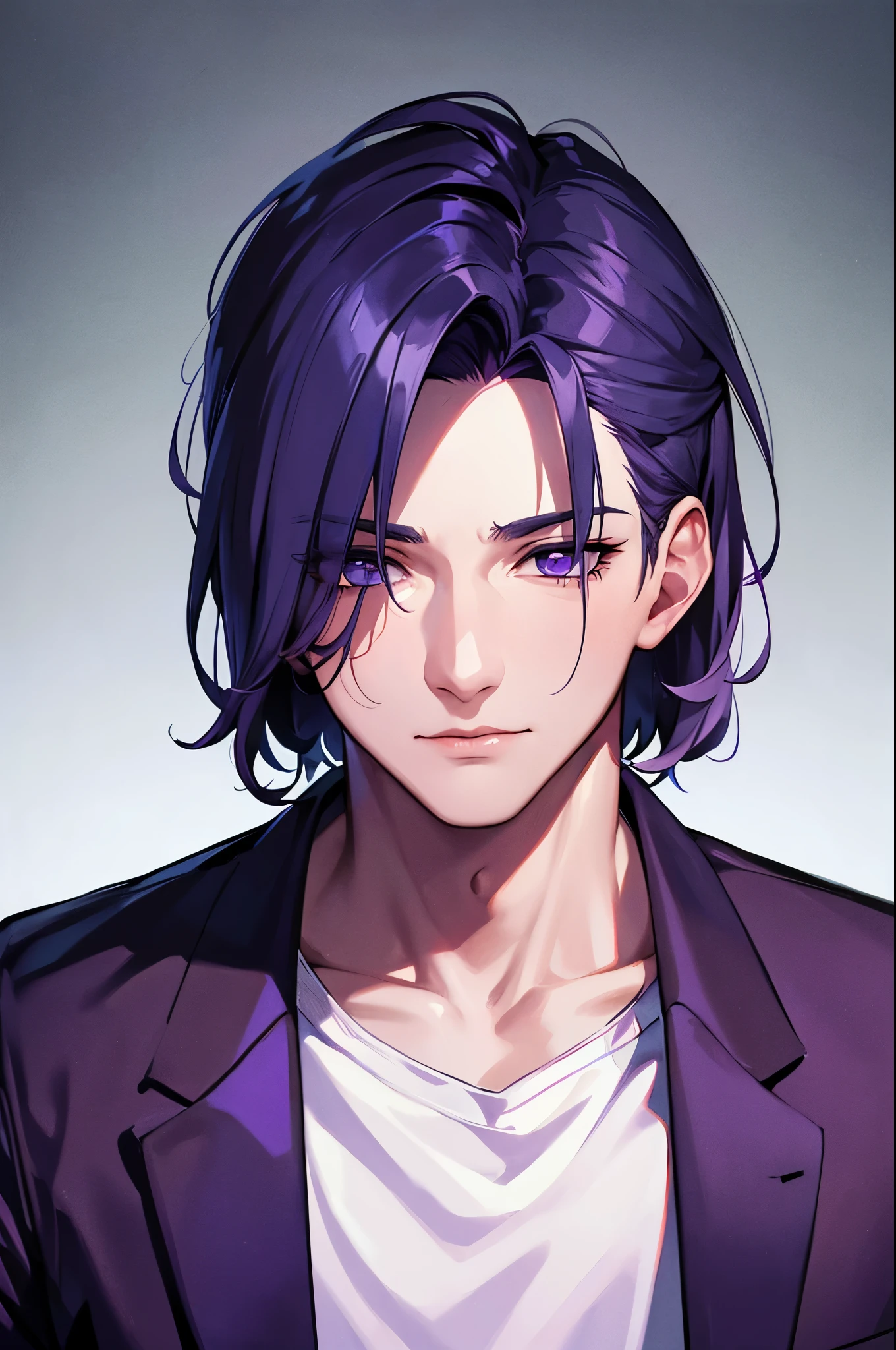 1 boy, standing alone,purple theme,gazing at viewer,portraite,from sideways,bad boy,((mature man))
