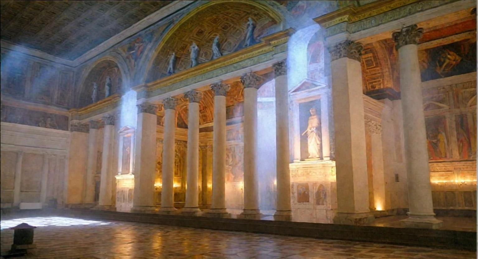 arafed view of a church with a large altar and a statue, pantheon, rome, with great domes and arches, the secrets inside the vatican, interior, secrets inside the vatican, interior of a marble dome, roman architecture, interior view, bernini, italian renaissance architecture, inside view, rotunda, vatican, old roman style, surrealistic roman architecture