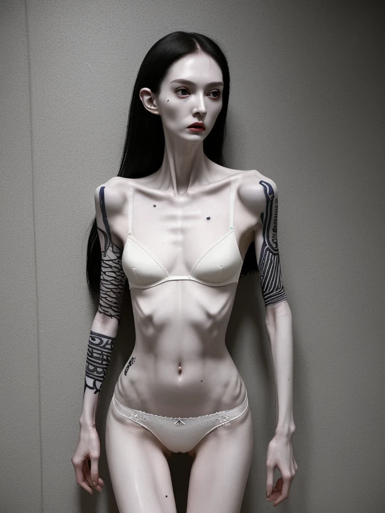 a woman, very thin body, body visible bones, very slender, pale white skin, panties, bra,tatto, full body, has a mental breakdown in an underground prison, sweaty weat body