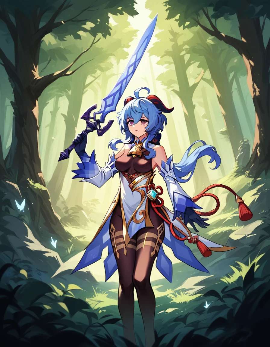Ganyu (genshin impact), use blue Epic paladin Armor, sword 1 hand, hight quality, best quality, masterpiece, intricate details, high resolution, extremely detailed face, perfect lighting,(perfect hands), Detailed background, forest,