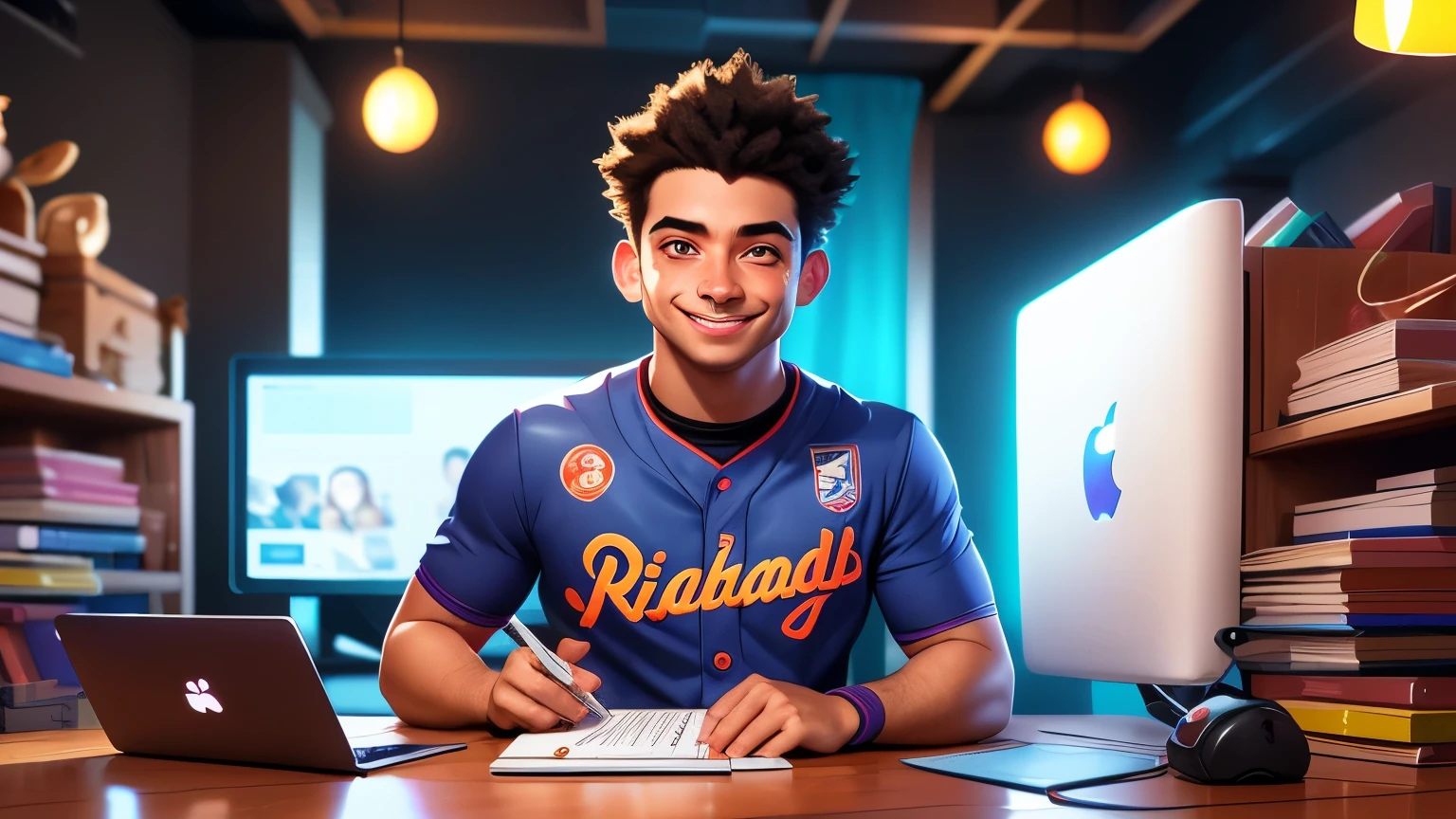 arafed man in a baseball jersey sitting in front of a laptop, a portrait inspired by Eddie Mendoza, featured on reddit, cynical realism, twitch streamer / gamer ludwig, portrait of danny gonzalez, twitch streamer, mid shot portrait, streaming on twitch, andres rios, brian pulido, at night, slightly smiling, portrait shot 8 k, jody highroller