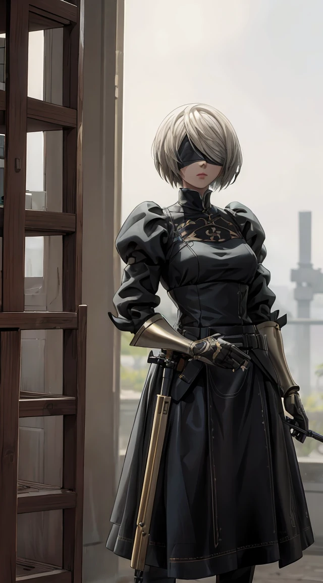 (A blindfold) 2B the kidney: Automata, holding a gun, in the best quality and high resolution (8K), Creating a masterpiece.