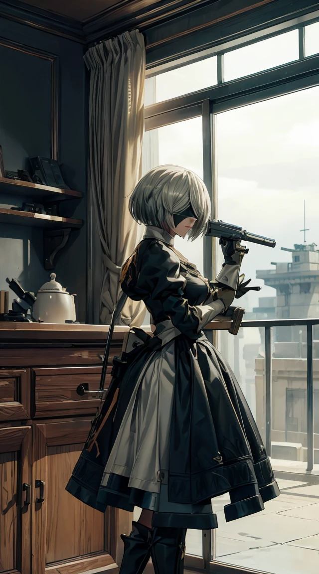 (A blindfold) 2B the kidney: Automata, holding a gun, in the best quality and high resolution (8K), Creating a masterpiece.