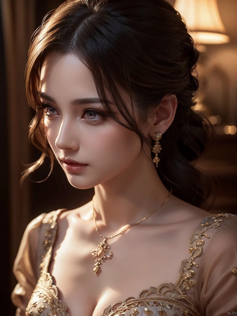 A mysterious beautiful woman, cleavage, small breasts, detailed face, beautiful eyes, detailed lips, long eyelashes, elegant dress, cinematic lighting, dramatic shadows, highly detailed, 8k, ultra-detailed, hyper-realistic, photorealistic, masterpiece, digital art, fantasy, intricate details
