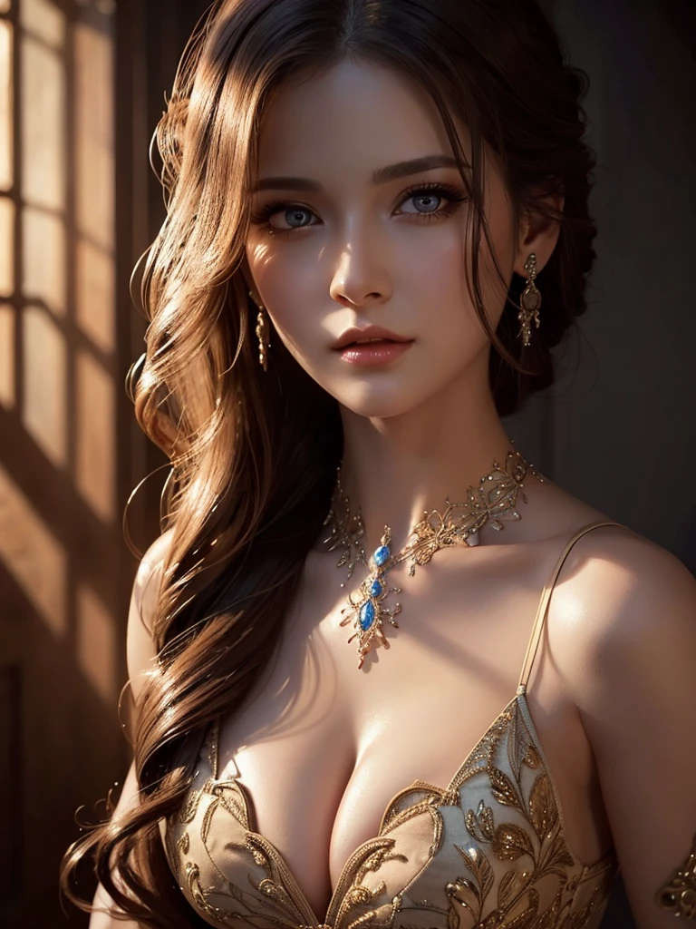 A mysterious beautiful woman, cleavage, small breasts, detailed face, beautiful eyes, detailed lips, long eyelashes, elegant dress, cinematic lighting, dramatic shadows, highly detailed, 8k, ultra-detailed, hyper-realistic, photorealistic, masterpiece, digital art, fantasy, intricate details