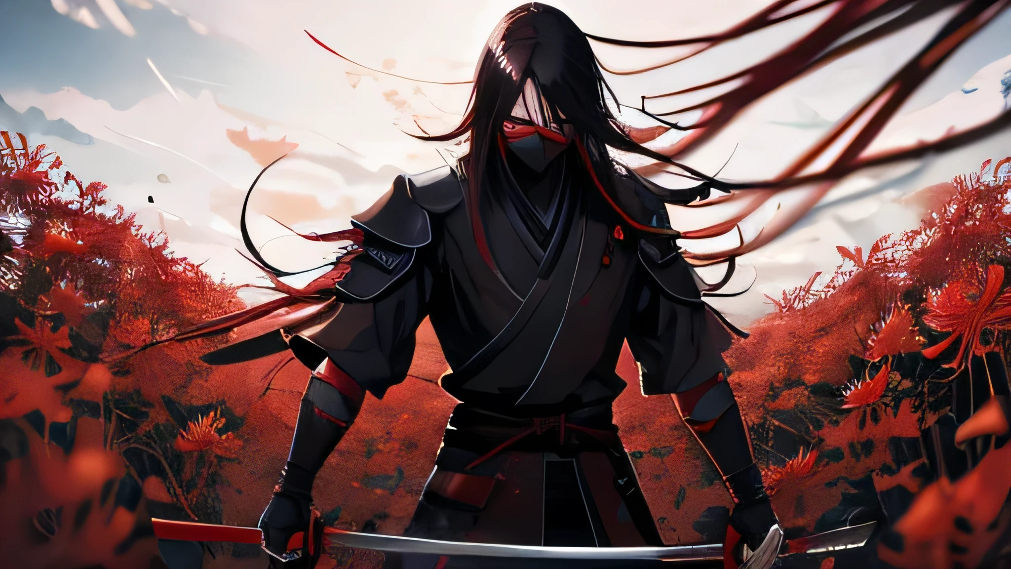 anime, Generate me a endless amount of red spider lilies. anime style art with a samurai standing in the field. night time, edgy, dark, bloody katana, flowing hair. hd, master quality, make the man wearing a mask. night time dark bloody scene,