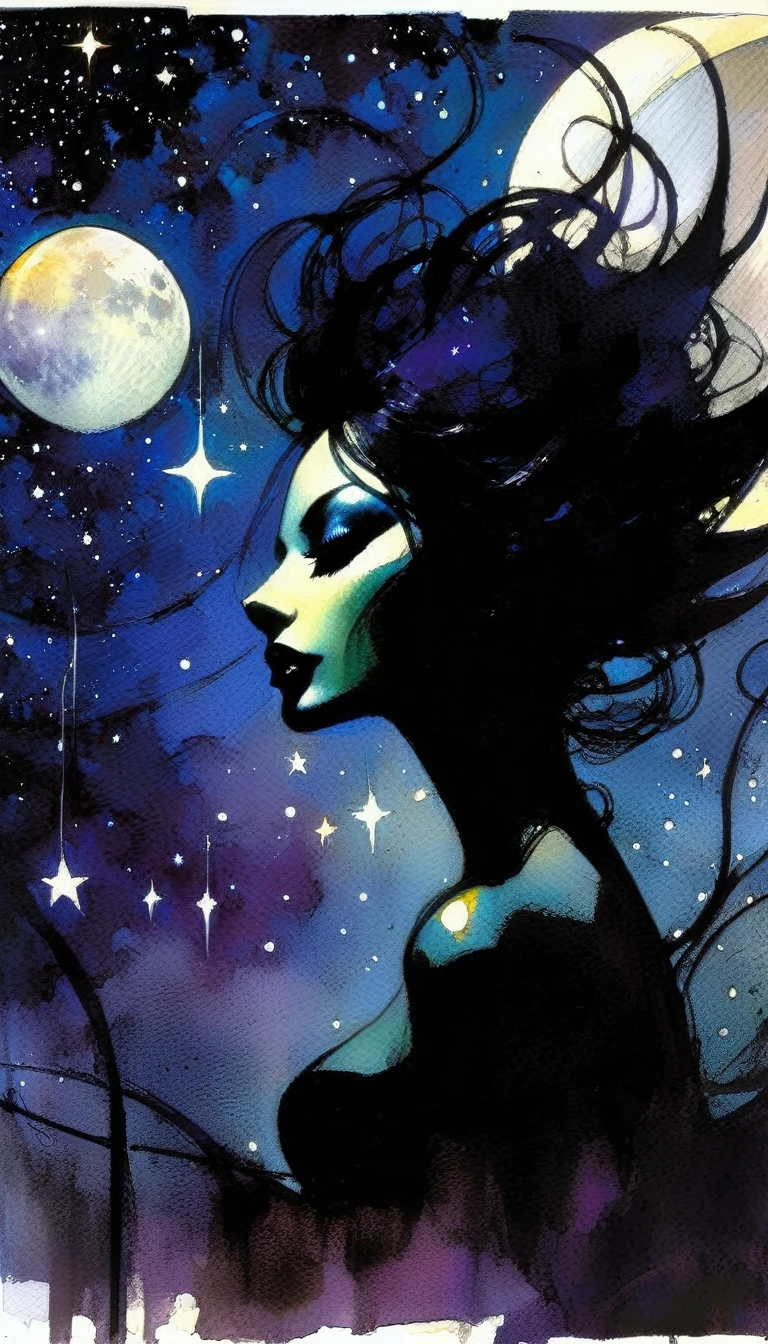 some sexy, dark, loneliness,magic, fantastic, night sky, moon, stars, background, , tmari, sketch, traditional media, pen drawing, white background (art inspired by Bill Sienkiewicz). oil painting) 