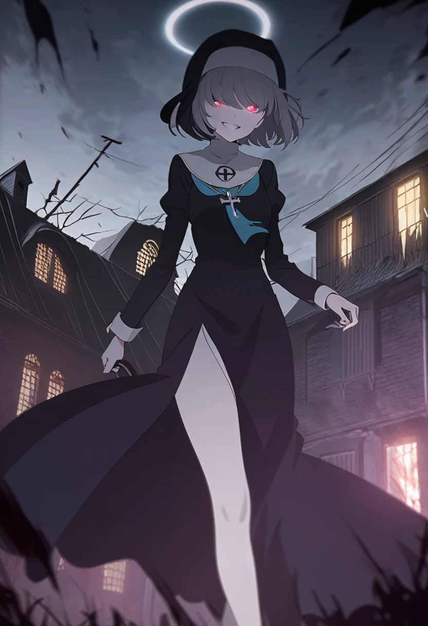 1girl, nun, cross, cross necklacke, jewelry, black hair, turquoise bangs, very short hair, hair over eyes, pale skin, yellow eyes, glowing eyes, black dress, house, evil smile, horror scene, (masterpiece), best quality, anime style, full body