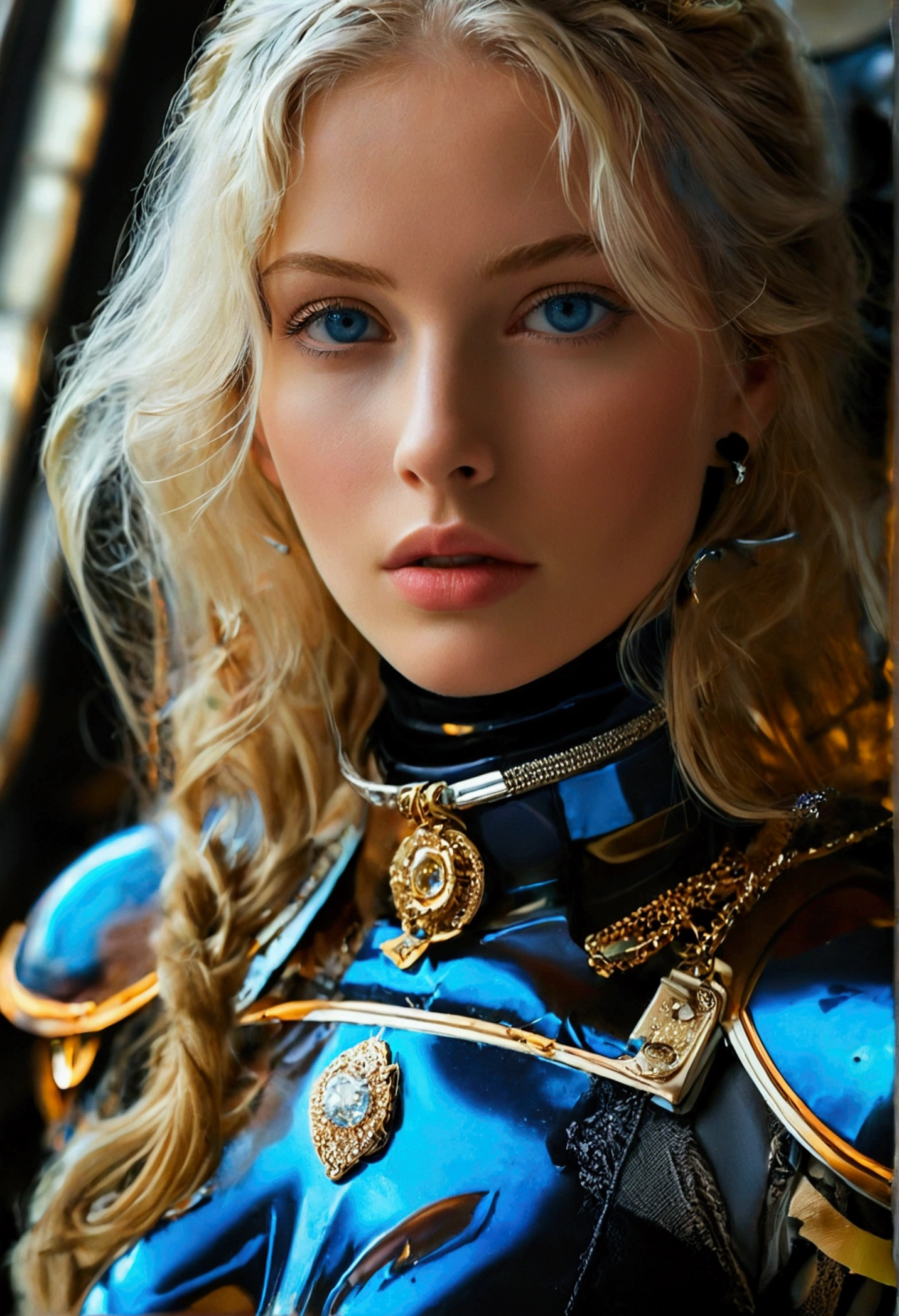 Anastasia had long, blonde hair, deep blue eyes that reflected his intelligence and determination. She had fair skin, voluptuous body and an upright posture that conveyed confidence. Anastasia always wore a necklace with a pendant that belonged to her mother., a symbol of their commitment to the fight against tyranny. He wore a modern space suit, glued to the body which brought greater mobility, with boots in a darker tone than the outfit, with accessories on your waist.  Showing the entire body with the left arm behind the head, medium , legs thick