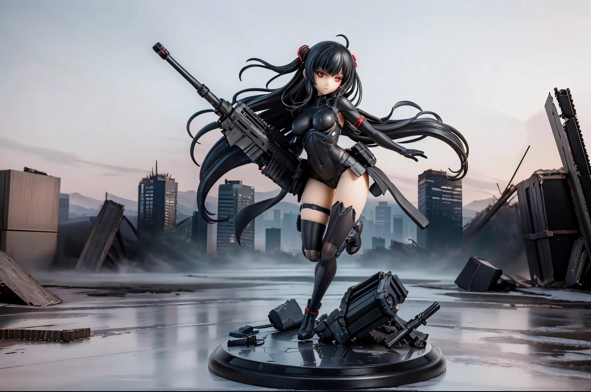 posable articulated figure of anime girl wearing full body heavy tactical black suit, with red eyes and loose straight black hair, carrying a black tactical assault rifle in his hands, in a ready to attack pose, with a destroyed city in the background