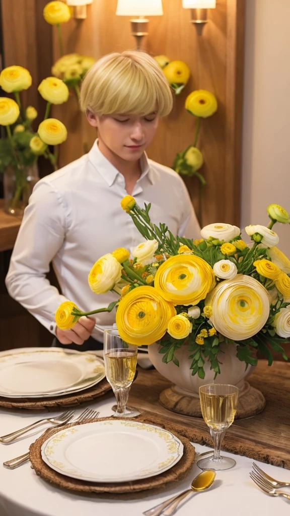 (((Yellow ranunculus flower arrangement))), (((Blonde white couple))), Toast with red wine, Dining on the dining table