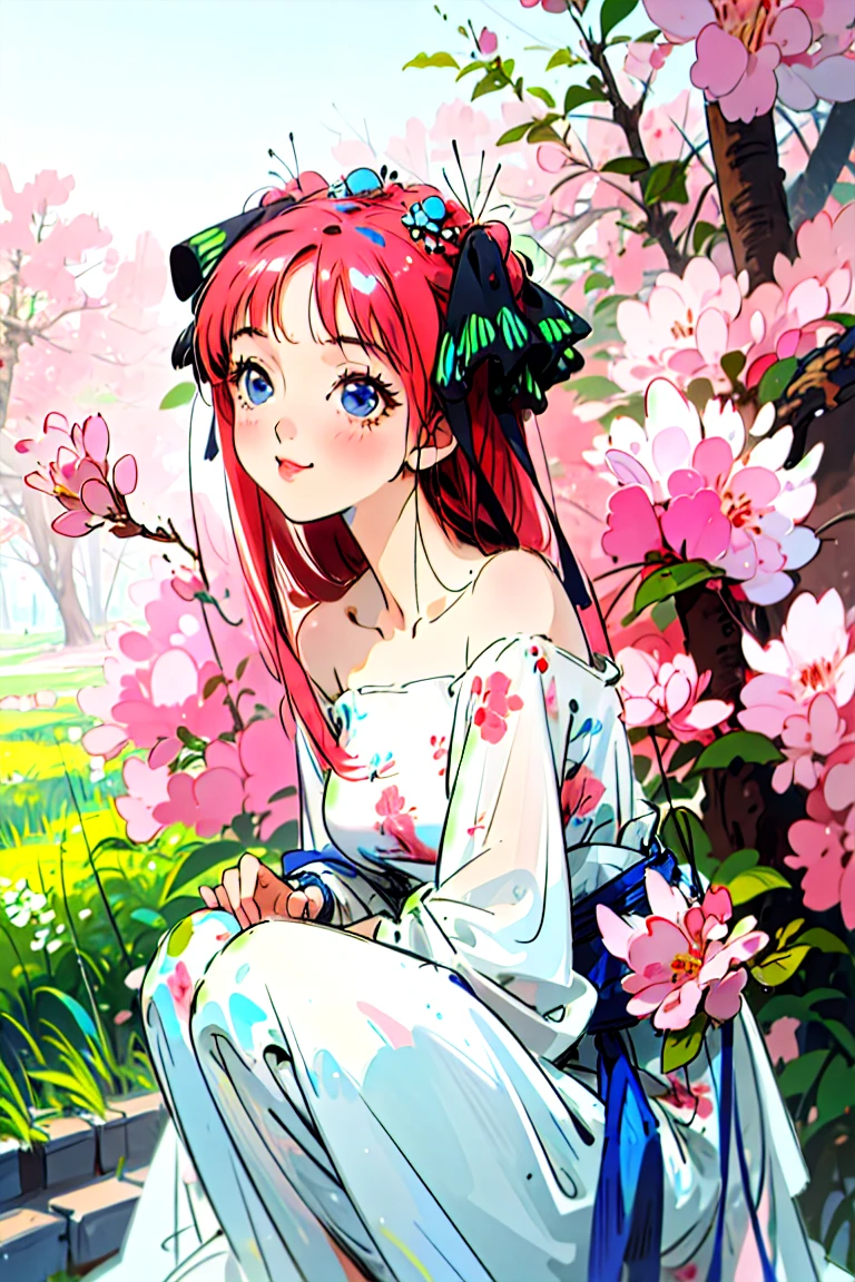 Best quality, masterpiece, ultra high res, (photorealistic:1.4), raw photo, 1girl, white dress, off shoulder, blossom flower field, glowing skin, light smile, nino nakano, pink red long hair, shoulder, blue eyes, hair ribbons, full body, among flowers, chinese princess, hair buns