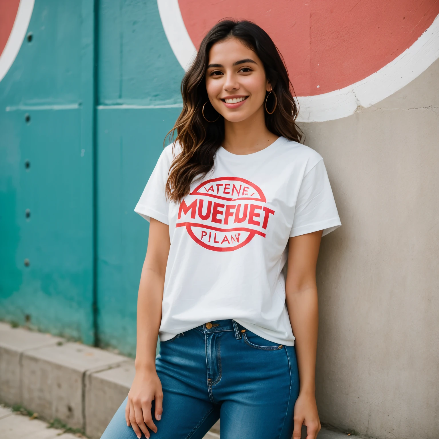 ((best quality)), ((masterpiece)), (detailed), a young latin woman with wavy dark hair, flawed skin and a slender body type, stands up and smiles softly, wearing a graphic tee in bright red and white, paired with high-waisted jeans in denim blue, and completing the look with clean white sneakers, all set against a backdrop of a skate park or urban street art, five fingers, perfect face, perfect hands, shot with Sony Alpha A6500 1.4f, bokeh, highly detailed, masterpiece,