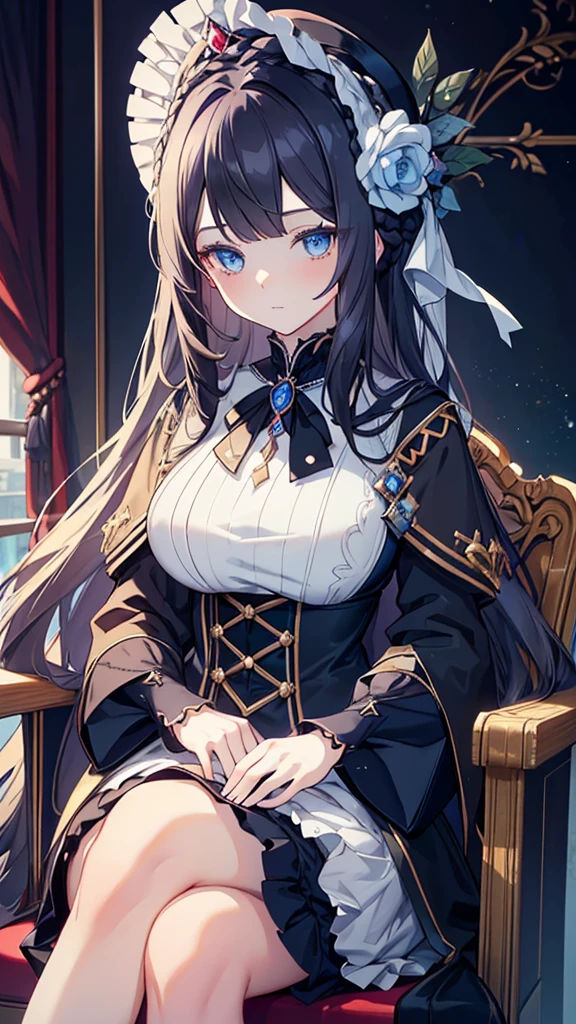 best quality, extremely detailed, anime style girl, long hair down to the waist, straight hair, dark black hair with bluish,crown braid,beautiful detailed eyes, pinched eyes, dark blue eyes, gradation eyes,huge breasts,((((English noblewoman's clothes)))),Luxury English hats,English like café,sitting on a chair,