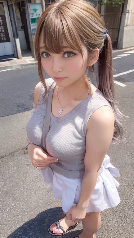 (Woman standing on the street in Tokyo:1.4)、(Realistic、Like a photograph、Live Action、8K, Realistic, RAW Photos, Best image quality: 1.4), Single-lens reflex camera、RAW Photos, Highest quality, Realistic, Very detailedな CG Unity 8K 壁紙, Written boundary depth, Cinematic Light, Lens flare, Ray Tracing, Realistic background、(Paisura:1.5、Tight sleeveless shirt:1.4、Tight mini skirt:1.4、(Small breasts:0.5))、((Silver Inner Color Hair:1.1))、 1 female,Cute Japanese Girl、((whole body:1.5))、Long Hair:1.2 like that style、stylish、Very detailed、Pay attention to the details、Perfect outfit、(Sunburned skin)、Beautiful legs:1.1、View from below、Accurate Arm、Meet on a street corner