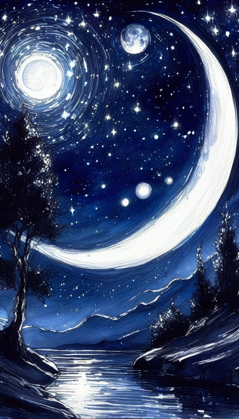 some sexy, dark, loneliness,magic, fantastic, night sky, moon, stars, background, , tmari, sketch, traditional media, pen drawing, white background. oil painting)
