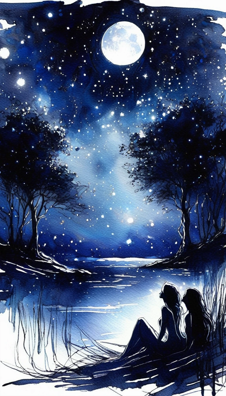 some sexy, dark, loneliness,magic, fantastic, night sky, moon, stars, background, , tmari, sketch, traditional media, pen drawing, white background. oil painting)