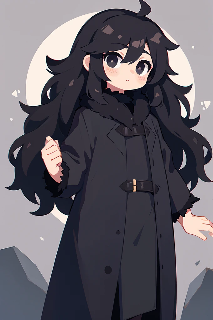boy, long hair, black hair, black eyes, black coat with fur, stone background