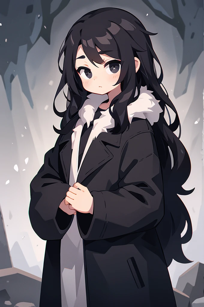 boy, long hair, black hair, black eyes, black coat with fur, stone background