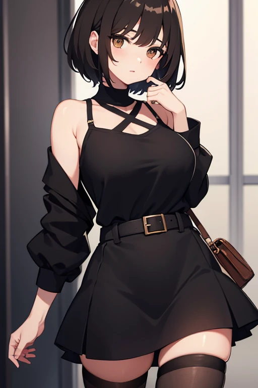 Girl with short brown hair, black clothes, black tights, short black skirt, with exposed tits