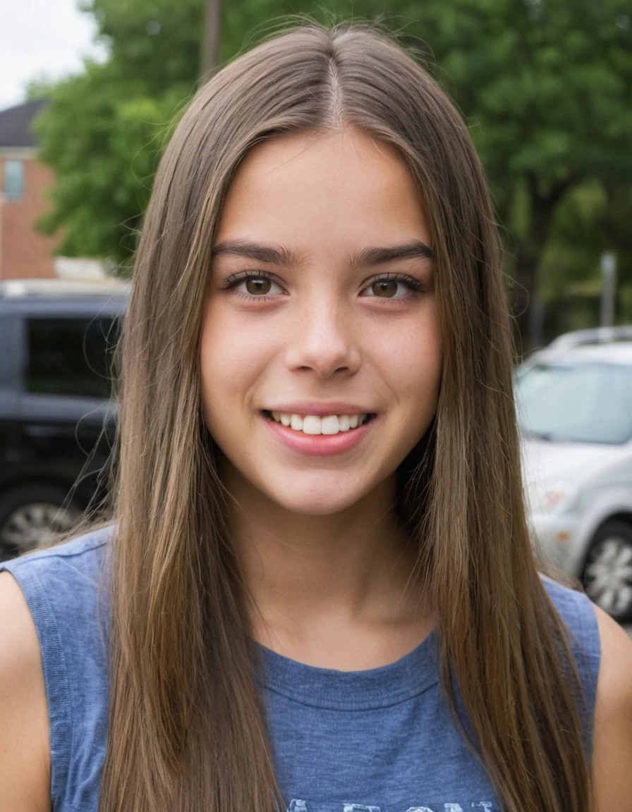 19 year old girl, pretty, very clear skin, Full mouth, long straight brown hair, styled hair, face photo, neutral facial expression, looking at the camera, realisitic